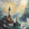 zeemeermin bij vuurtoren in woeste zee van Jan Bechtum