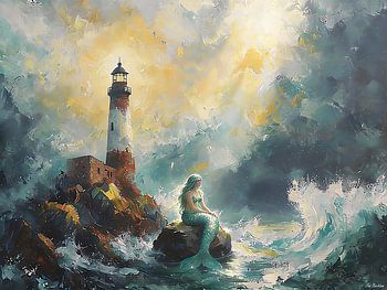 zeemeermin bij vuurtoren in woeste zee