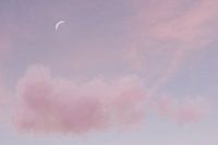 zachtroze lucht met pluizige wolken en sikkelvormige maan