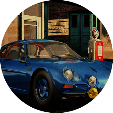 Renault Alpine 1600 S 1973 met klassieke auto's Benzinestation