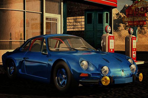 Renault Alpine 1600 S 1973 met klassieke auto's Benzinestation