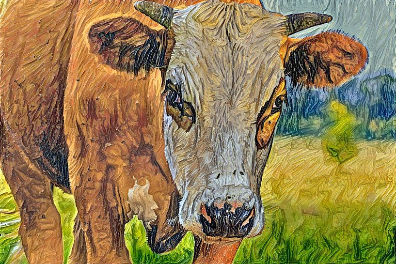 Digitales Gemälde Porträt Blaskopf Kuh von Photo Henk van Dijk
