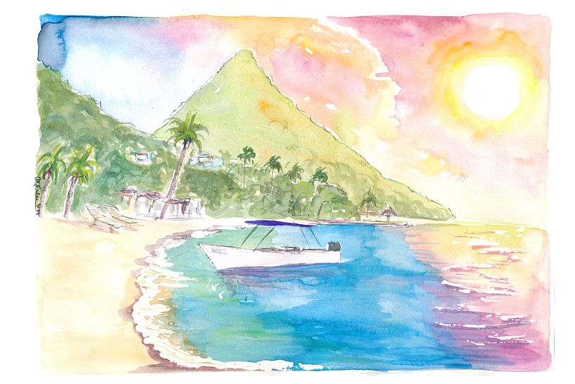 St. Lucia sunset and amazing Piton beach scene by Markus Bleichner