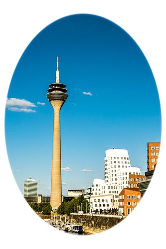 Rhine Tower and Gehry buildings in Dusseldorf Rhine