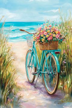 Fiets op het strand met bloemenmand van Poster Art Shop