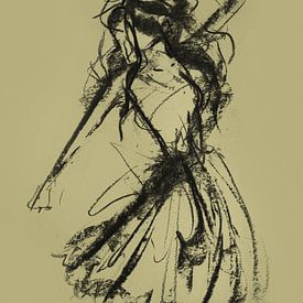 Oeuvre d'art abstraite danseuse en vert lime - dessin au fusain sur Emiel de Lange