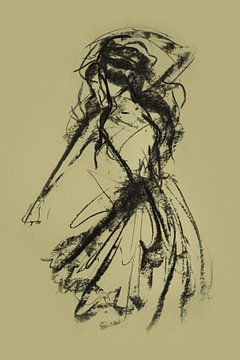 Abstract artwork dancer in lime green - charcoal drawing by Emiel de Lange