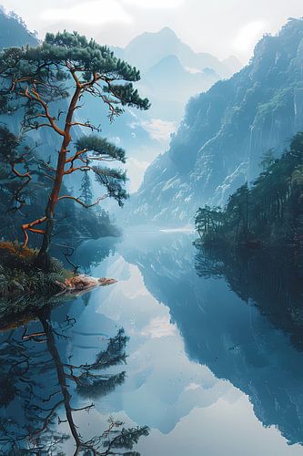 Eenzame boom in mistig bergmeer