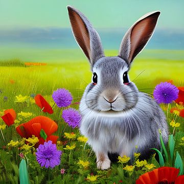 Kaninchen im Feld mit Blumen von Betty Maria Digital Art