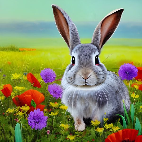 Rabbit in field with flowers by Betty Maria Digital Art