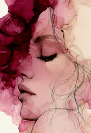 Portrait de femme rêveuse en rose et bordeaux sur SPEQ ART