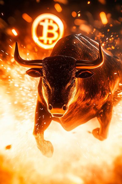 Bulle in Flammen mit Bitcoin-Symbol von Poster Art Shop