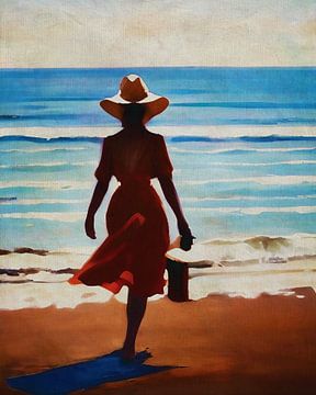 Vrouw met hoed op het strand van Jan Keteleer