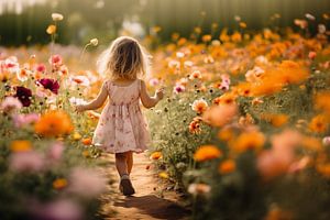 Mädchen geht durch ein Blumenfeld