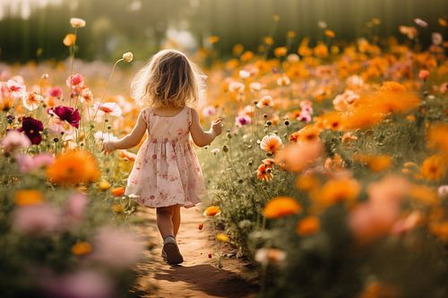 Meisje wandelt door bloemenveld