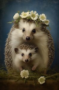 Igel mit Jungtier und Blumenkranz