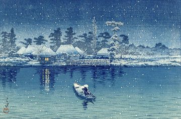 Roeier op rivier in de nachtelijke sneeuw (Ushibori), Kawase Hasui, Japan, 1930 van Roger VDB