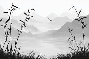 Berglandschap met bamboe en mist van Poster Art Shop