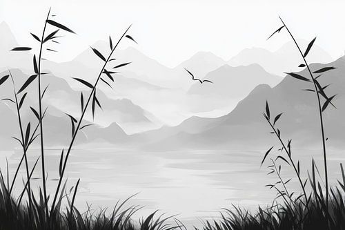 Berglandschap met bamboe en mist