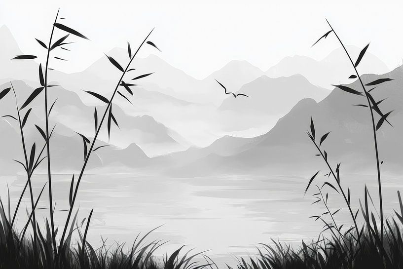 Paysage de montagne avec bambou et brouillard par Poster Art Shop