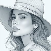 Serene Blik: Vrouw met Hoed in Lijnkunst