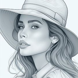 Serene Gaze: Woman with Hat in Line Art by Artz by Mr.JAi