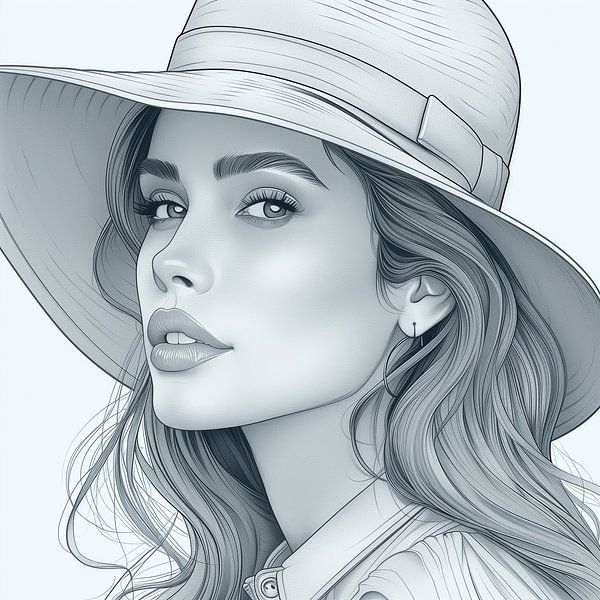Serene Gaze: Woman with Hat in Line Art by Artz by Mr.JAi