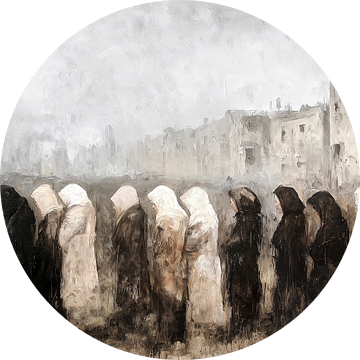 Treurende vrouwen voor een verwoeste stad