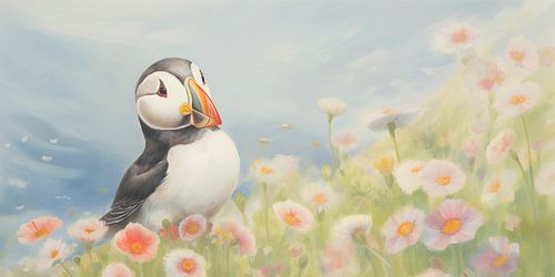 Puffin surrounded by flowers