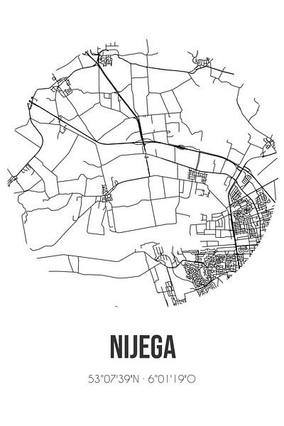 Nijega (Fryslan) | Map | Black and white by Prints of Place