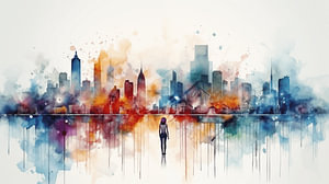 Stadt mit Menschen Panorama-Aquarell auf weißem Hintergrund, Farb Kunst Design
