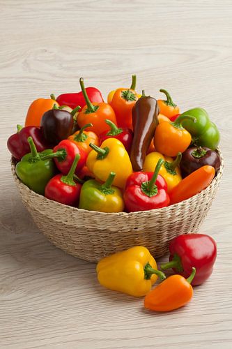 Korb gefüllt mit verschiedenen Farben und Sorten von Paprika's