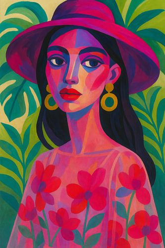 Portrait de rêve bohémien - Femme colorée dans un style floral abstrait