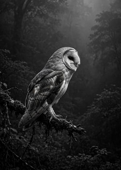 Barn Owl (Tyto alba) perched on a mossy branch