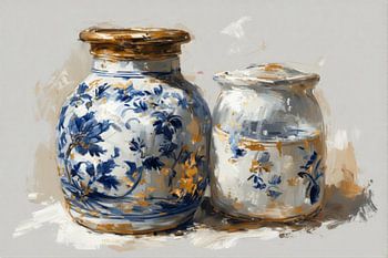A still life luxury country delft blue earthenware pots on grey background.