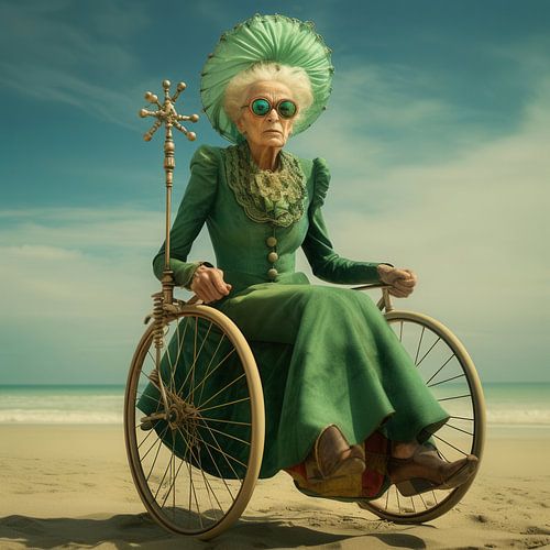 Surréaliste dame âgée robe verte fauteuil roulant plage sable bizarre sur gm_designs