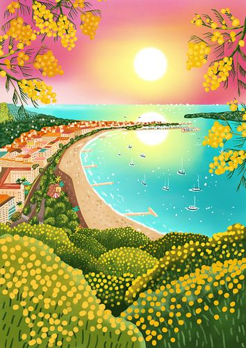 Cannes Provence View with Mimosa in February by Aniet Illustration