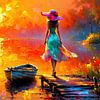 La femme au chapeau de soleil rose - une marche silencieuse au bord d'un lac de forêt dans la lumière d'un soir d'été incandescent, accompagnée du chuchotement des bouleaux et de l'éclat de la beauté éphémère sur AidasignArt