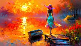 The woman in the pink sun hat - a quiet walk by the forest lake in the light of a glowing summer evening, accompanied by the whisper of birch trees and the glow of fleeting beauty by AidasignArt