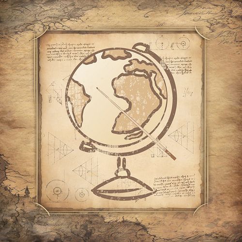 Wereldbol met wijzer. Vintage kunstwerk in ouderwetse stijl voor aardrijkskundeleraren.