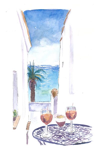 Blick auf das Mittelmeer in einer kleinen Gassenbar von Markus Bleichner