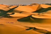 Sahara desert, Camel caravan and Tuareg camel drivers