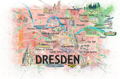 Dresde Saxe Allemagne Carte illustrée avec les rues principales, les curiosités et les points forts