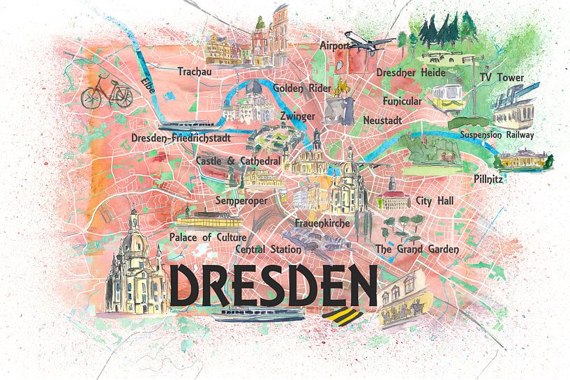 Dresden Saxony Germany Illustrated Map with Main Roads Landmarks and Highlights by Markus Bleichner