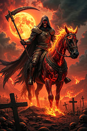 Dark Fantasy Gothic Wall Art: VORMARETH - The Grim Reaper with His Horse on the Battlefield