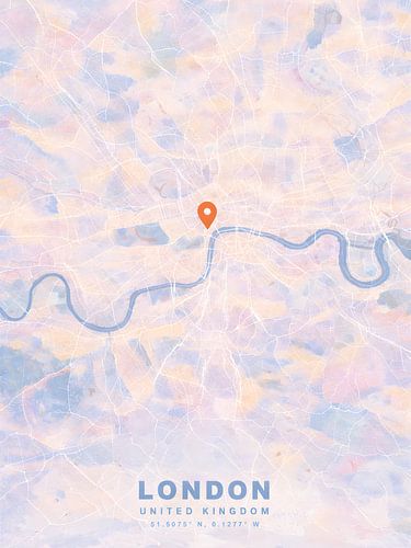 Verträumte Pastell-Stadtkarte von London als Aquarellkunst – moderne Wanddekoration zum Thema Reisen