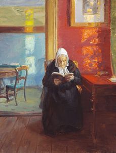 Anna Ancher, Interieur aus dem roten Zimmer mit der Mutter der Künstlerin, Ane Brøndum, lesend, 1910