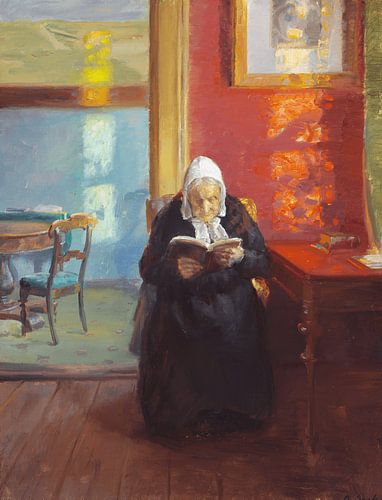 Anna Ancher, Interieur aus dem roten Zimmer mit der Mutter der Künstlerin, Ane Brøndum, lesend, 1910