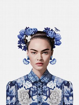 Frida in Delft blue style white background, modern dutch variation of iconisch portrait by Mijke Konijn