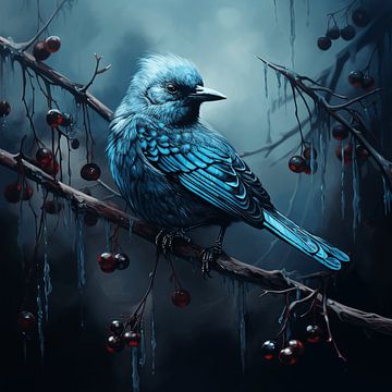 Winter Bird on Branch: Enchantment of Blue with Scarlet Berries by Karina Brouwer
